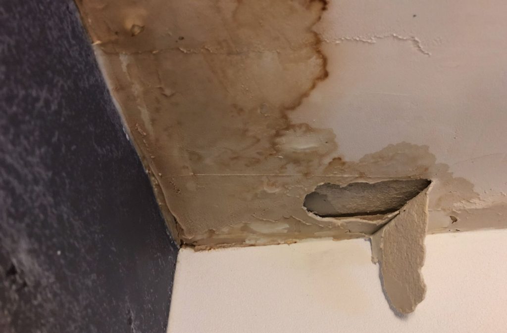 Water stain on a concrete foundation from an active slab leak